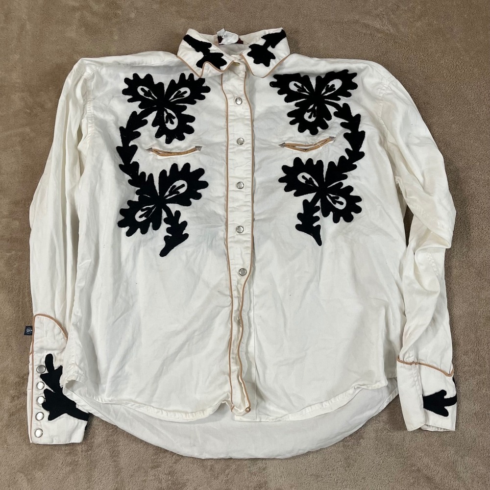Vintage Rockmount Ranch Wear Tru-west Western Shirt Embroidered Men L Ivory L/S